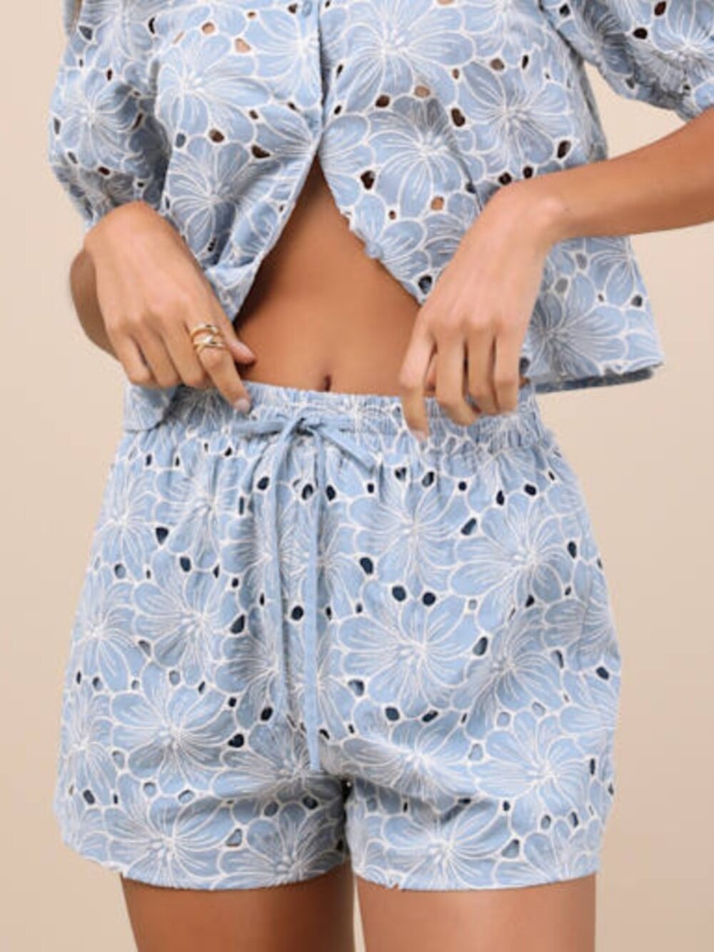 Lulus Aminta Blue Eyelet Embroidered Drawstring Shorts - Size L